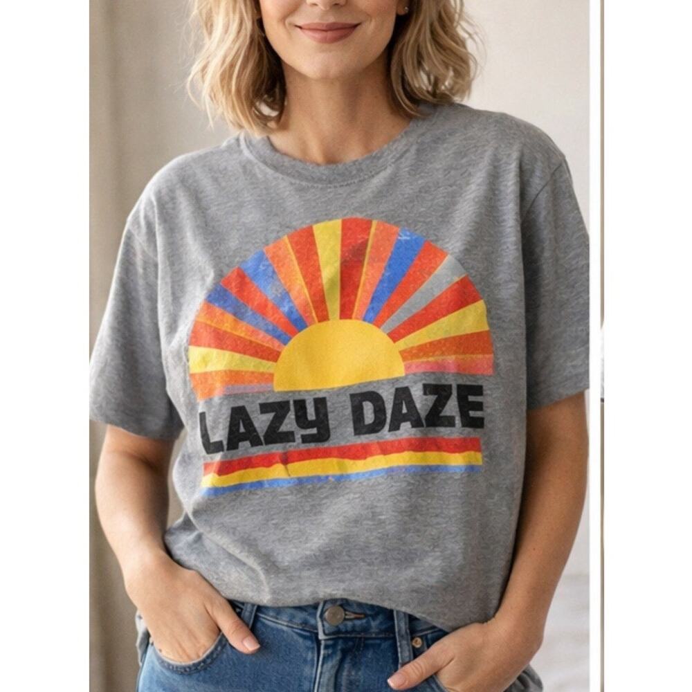 Lazy Daze Graphic Tee XL Gray Sunset Retro Unisex Distressed Vintage Style